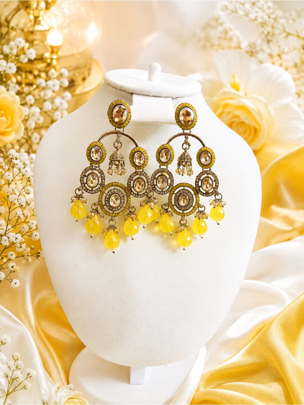 Yellow Bead Chandelier Earrings - Women Jewelry